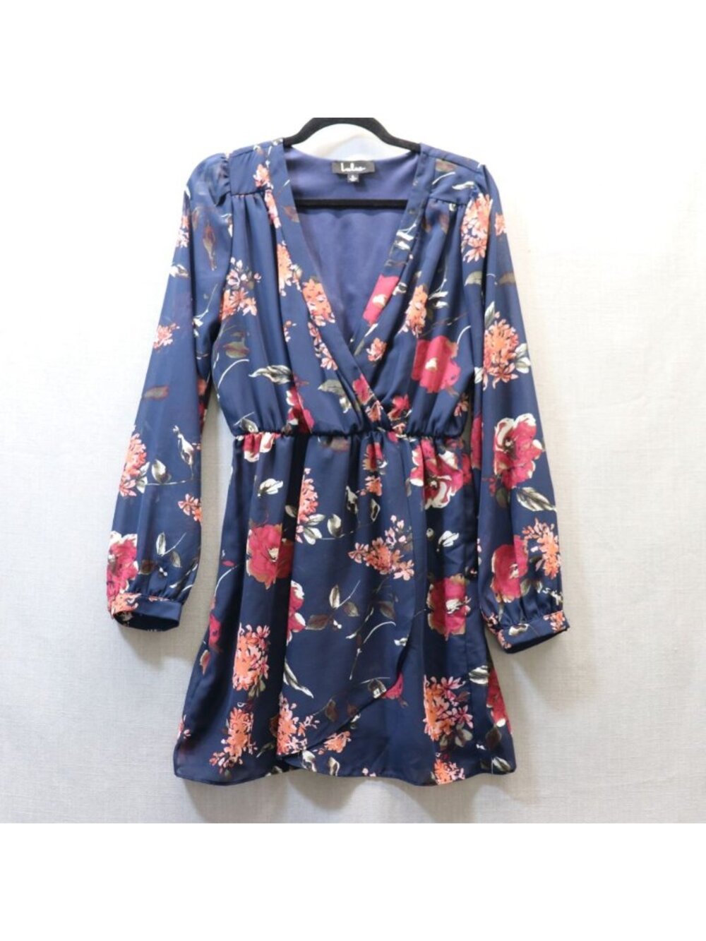 Lulus Pretty Pretender Navy Blue Floral Long Sleeve Faux Wrap Dress Large